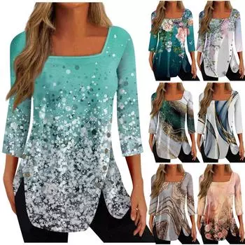 Женский топ, свободная повседневная футболка с квадратным вырезом и пуговицами, рукав три четверти, топ L синий