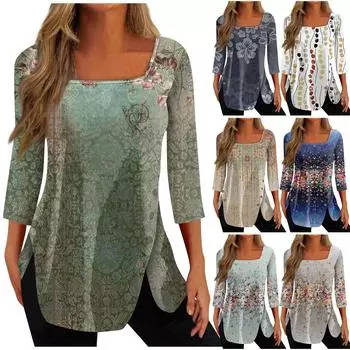 Женский топ, свободная повседневная футболка с квадратным вырезом и пуговицами, рукав три четверти, топ XXXL синий