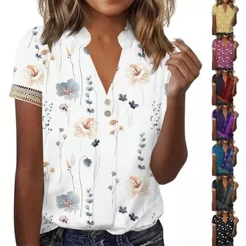 Женский топ, свободная повседневная футболка с v-образным вырезом и кружевными рукавами, топ с короткими рукавами и цветочным принтом в стиле ретро S чёрный