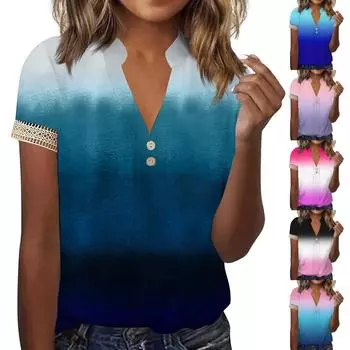 Женский топ, свободная повседневная футболка с v-образным вырезом и кружевными рукавами, топ с короткими рукавами и принтом S розовый