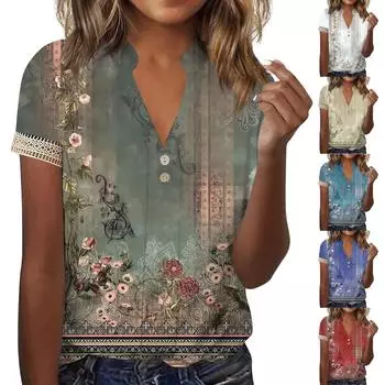 Женский топ, свободная повседневная футболка с v-образным вырезом и кружевными рукавами, топ с короткими рукавами и цветочным принтом XL