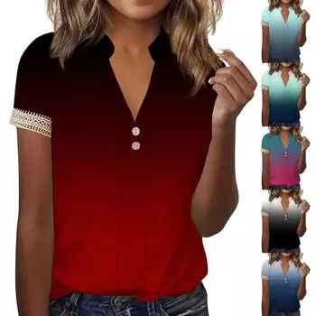 Женский топ, свободная повседневная футболка с v-образным вырезом и кружевными рукавами, топ с короткими рукавами и принтом L чёрный