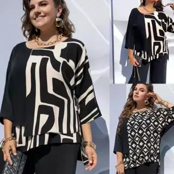 Женский топ свободного кроя с круглым вырезом и ретро-принтом, рукав пять четвертей S чёрный