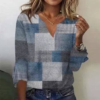 Женский топ, свободные повседневные блузки с v-образным вырезом и принтом, футболка с рукавом 3/4 и колокольчиком L синий