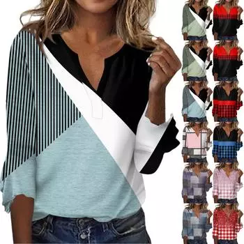 Женский топ, свободные повседневные блузки с v-образным вырезом и принтом, футболка с рукавом 3/4 и колокольчиком L синий