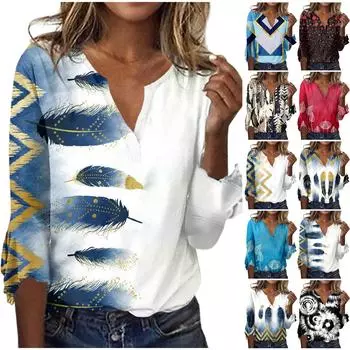 Женский топ, свободные повседневные блузки с v-образным вырезом и принтом, футболка с рукавом 3/4 и колокольчиком