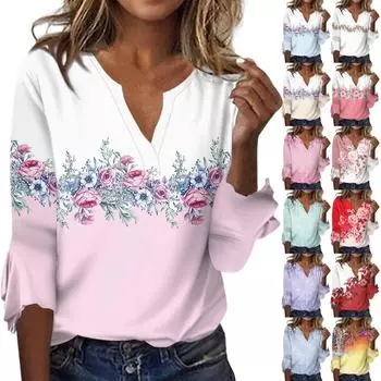 Женский топ, свободные повседневные блузки с v-образным вырезом и принтом, футболка с рукавом 3/4 и колокольчиком