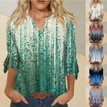 Женский топ, свободные повседневные блузки с v-образным вырезом и принтом, футболка с рукавом 3/4 и колокольчиком L чёрный