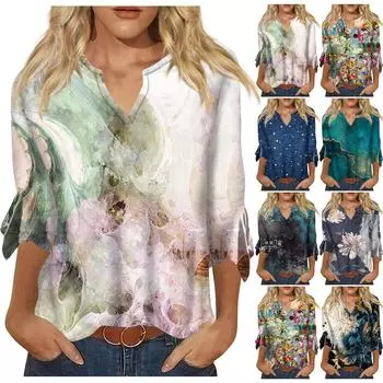 Женский топ, свободные повседневные блузки с v-образным вырезом и принтом, футболка с рукавом 3/4 и колокольчиком