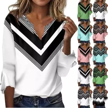 Женский топ, свободные повседневные блузки с v-образным вырезом и принтом, футболка с рукавом 3/4 и колокольчиком