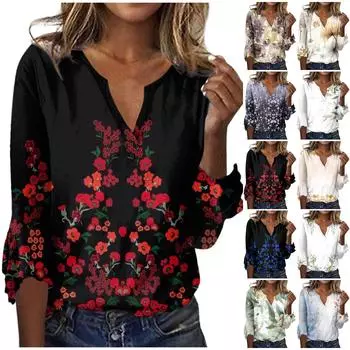 Женский топ, свободные повседневные блузки с v-образным вырезом и принтом, футболка с рукавом 3/4 и колокольчиком