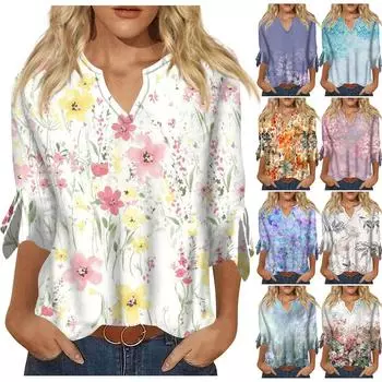 Женский топ, свободные повседневные блузки с v-образным вырезом и принтом, футболка с рукавом 3/4 и колокольчиком