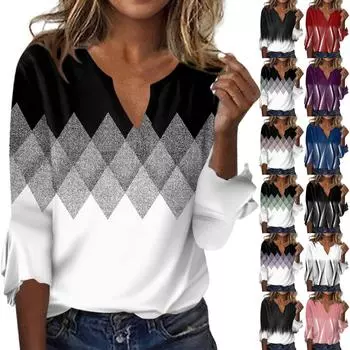 Женский топ, свободные повседневные блузки с v-образным вырезом и принтом, футболка с рукавом 3/4 и колокольчиком