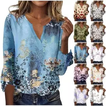 Женский топ, свободные повседневные блузки с v-образным вырезом и принтом, футболка с рукавом 3/4 и колокольчиком L синий