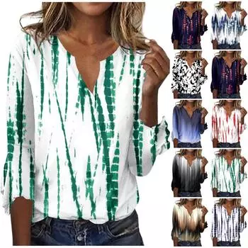 Женский топ, свободные повседневные блузки с v-образным вырезом и принтом, футболка с рукавом 3/4 и колокольчиком