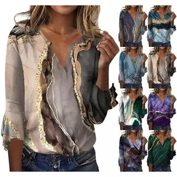 Женский топ, свободные повседневные блузки с v-образным вырезом и принтом, футболка с рукавом 3/4 и колокольчиком