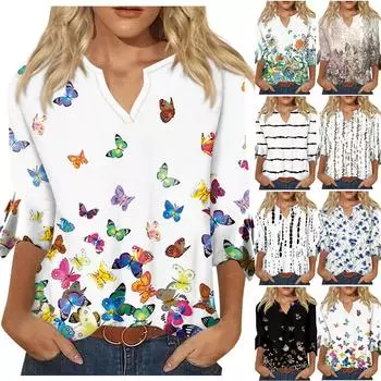 Женский топ, свободные повседневные блузки с v-образным вырезом и принтом, футболка с рукавом 3/4 и колокольчиком