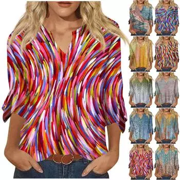 Женский топ, свободные повседневные блузки с v-образным вырезом и принтом, футболка с рукавом 3/4 и колокольчиком