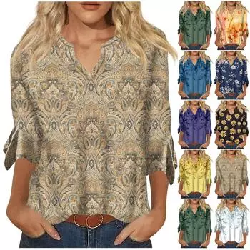 Женский топ, свободные повседневные блузки с v-образным вырезом и принтом, футболка с рукавом 3/4 и колокольчиком