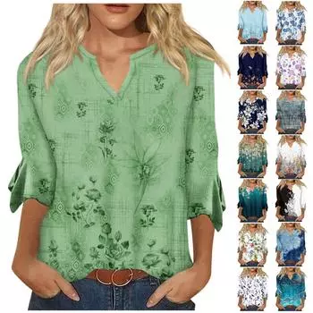 Женский топ, свободные повседневные блузки с v-образным вырезом и принтом, футболка с рукавом 3/4 и колокольчиком