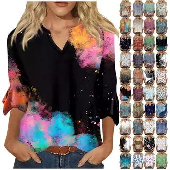 Женский топ, свободные повседневные блузки с v-образным вырезом и принтом, футболка с рукавом 3/4 и колокольчиком