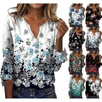 Женский топ, свободные повседневные блузки с v-образным вырезом и принтом, футболка с рукавом 3/4 и колокольчиком M чёрный