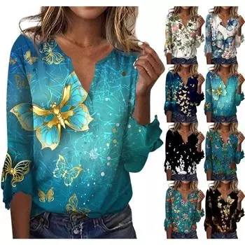 Женский топ, свободные повседневные блузки с v-образным вырезом и принтом, футболка с рукавом 3/4 и колокольчиком M