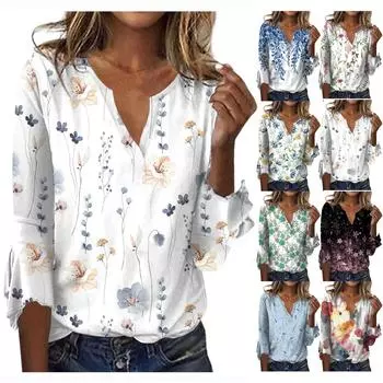 Женский топ, свободные повседневные блузки с v-образным вырезом и принтом, футболка с рукавом 3/4 и колокольчиком M жёлтый