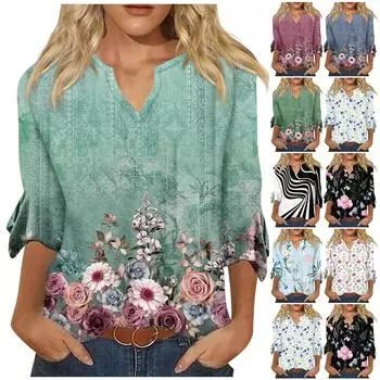 Женский топ, свободные повседневные блузки с v-образным вырезом и принтом, футболка с рукавом 3/4 и колокольчиком L чёрный