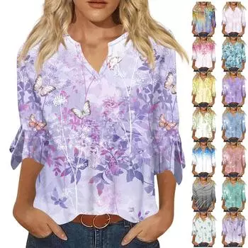 Женский топ, свободные повседневные блузки с v-образным вырезом и принтом, футболка с рукавом 3/4 и колокольчиком XXXL