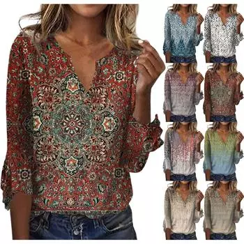 Женский топ, свободные повседневные блузки с v-образным вырезом и принтом, футболка с рукавом 3/4 и колокольчиком L чёрный