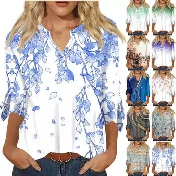 Женский топ, свободные повседневные блузки с v-образным вырезом и принтом, футболка с рукавом 3/4 и колокольчиком M