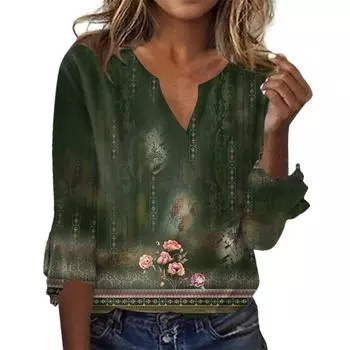 Женский топ, свободные повседневные блузки с v-образным вырезом и принтом, футболка с рукавом 3/4 и колокольчиком S чёрный