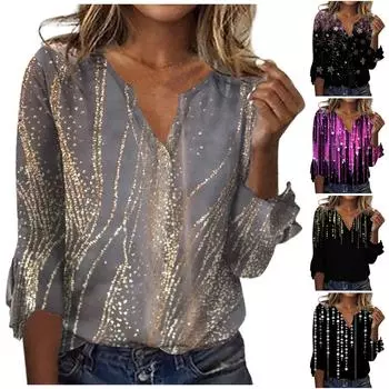 Женский топ, свободные повседневные однотонные блузки с v-образным вырезом, футболка с рукавом 3/4 и колокольчиком L золотой