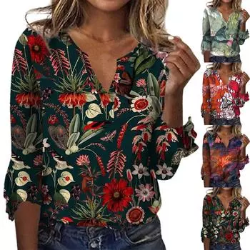 Женский топ, свободные повседневные однотонные блузки с v-образным вырезом, футболка с рукавом 3/4 и колокольчиком