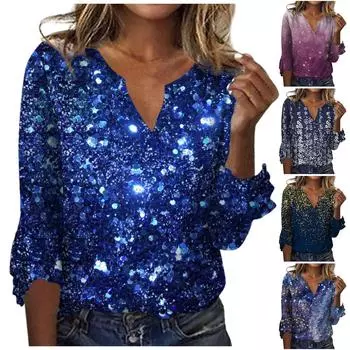 Женский топ, свободные повседневные однотонные блузки с v-образным вырезом, футболка с рукавом 3/4 и колокольчиком