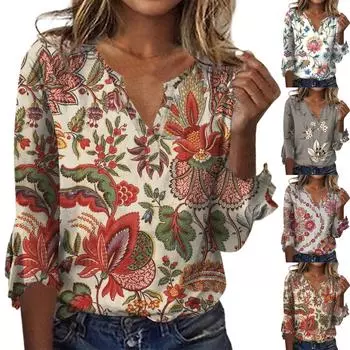 Женский топ, свободные повседневные однотонные блузки с v-образным вырезом, футболка с рукавом 3/4 и колокольчиком