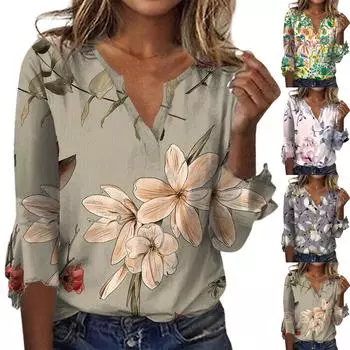 Женский топ, свободные повседневные однотонные блузки с v-образным вырезом, футболка с рукавом 3/4 и колокольчиком