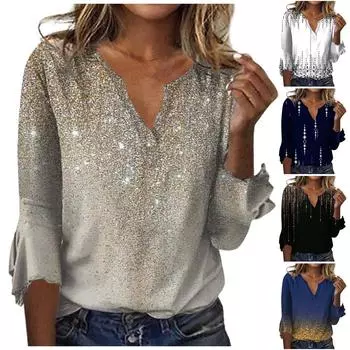 Женский топ, свободные повседневные однотонные блузки с v-образным вырезом, футболка с рукавом 3/4 и колокольчиком