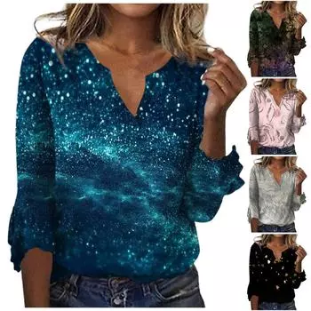 Женский топ, свободные повседневные однотонные блузки с v-образным вырезом, футболка с рукавом 3/4 и колокольчиком