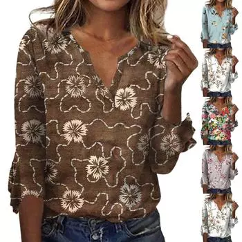 Женский топ, свободные повседневные однотонные блузки с v-образным вырезом, футболка с рукавом 3/4 и колокольчиком XXL кофейный