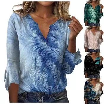 Женский топ, свободные повседневные однотонные блузки с v-образным вырезом, футболка с рукавом 3/4 и колокольчиком XXL синий