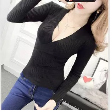 Женский топ, тонкий, длинный рукав, вязаный свитер, пуловер с V-образным вырезом One Size