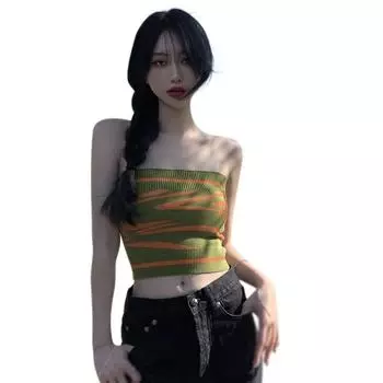 Женский топ-труба, сексуальный трикотажный топ-майка в рубчик с полосатым узором