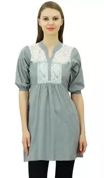 Женский топ-туника с однотонным узором Bimba, кружевной топ 3 4, короткий хлопок с пышными рукавами 10 серый