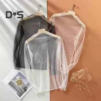 Женский топ, ультратонкий, прозрачный, кружевной, с длинными рукавами, однотонный, свободный, мягкий, повседневный, с воротником-стойкой, видимый, весна-лето белый