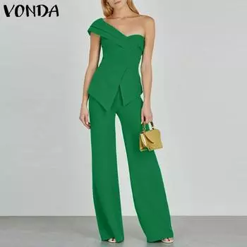 Женский топ VONDA с разрезом на одно плечо и нерегулярным подолом, однотонные свободные прямые брюки, комплект из двух предметов