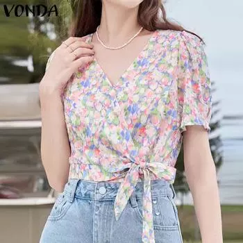 Женский топ VONDA с v-образным вырезом и короткими рукавами и завязками с масляным принтом