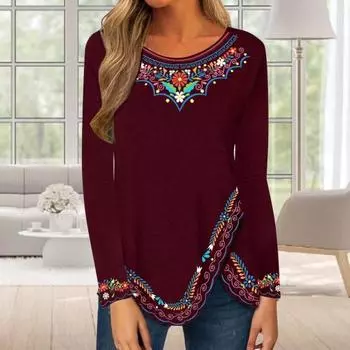 Женский топ в народном стиле с длинными рукавами и этническим цветочным принтом, мягкий винтажный средней длины
