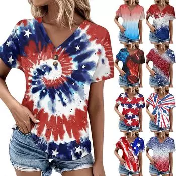 Женский топ в повседневном стиле с принтом в честь Дня независимости, v-образный вырез, пуговицы спереди, свободная футболка с короткими рукавами L